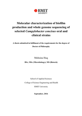 Molecular Characterization of Biofilm Production and Whole Genome Sequencing of Selected Campylobacter Concisus Oral and Clinical Strains