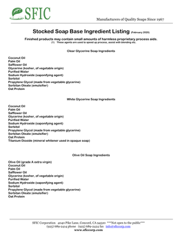 Stocked Soap Base Ingredient Listing (February 2020)