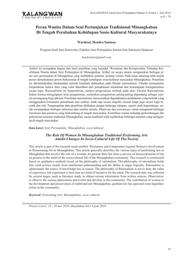 Peran Wanita Dalam Seni Pertunjukan Tradisional Minangkabau Di Tengah Perubahan Kehidupan Sosio Kultural Masyarakatnya