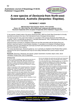 A New Species of Denisonia from North-West Queensland, Australia (Serpentes: Elapidae)