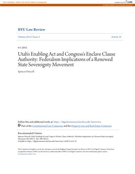 Utah's Enabling Act and Congress's Enclave Clause Authority: Federalism Implications of a Renewed State Sovereignty Movement Spencer Driscoll