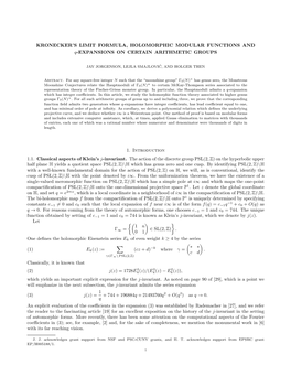 Kronecker's Limit Formula, Holomorphic Modular