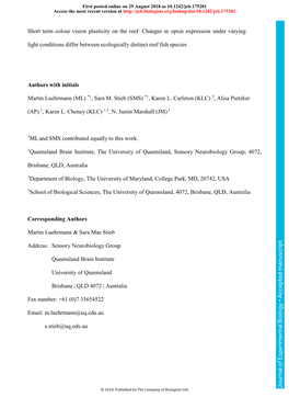 Short Term Colour Vision Plasticity on the Reef: Changes in Opsin Expression Under Varying Light Conditions Differ Between Ecologically Distinct Reef Fish Species