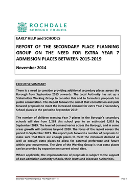 Report of the Secondary Place Planning Group on the Need for Extra Year 7 Admission Places Between 2015-2019