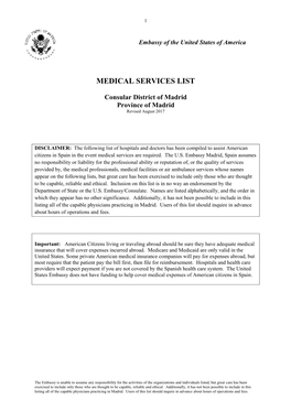 Medical Services List