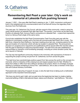 Remembering Neil Peart a Year Later: City's Work on Memorial at Lakeside Park Pushing Forward