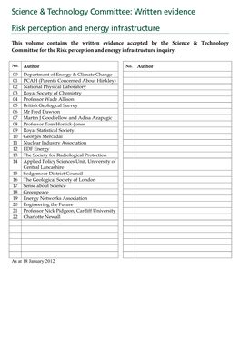 Science & Technology Committee: Written Evidence Risk Perception