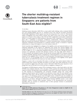 The Shorter Multidrug-Resistant Tuberculosis Treatment Regimen in Singapore: Are Patients from South-East Asia Eligible?