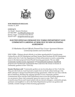 ELECTED OFFICIALS DEMAND NYC PARKS DEPARTMENT SAVE COMMUNITY GARDENS at RISK DUE to NEW LICENSING AGREEMENT 13 Manhattan Elected