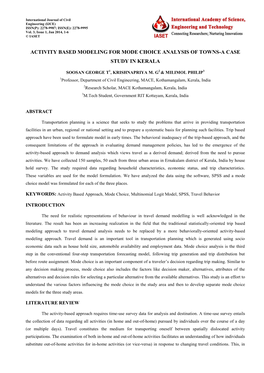 Activity Based Modeling for Mode Choice Analysis of Towns-A Case Study in Kerala