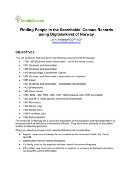 Finding People in the Searchable Census Records Using Digitalarkivet of Norway Liv H