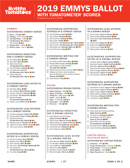 2019 EMMYS BALLOT with TOMATOMETER ® SCORES Tomatometer® As of 8/17/2019