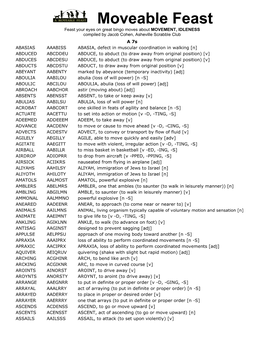 Moveable Feast Feast Your Eyes on Great Bingo Moves About MOVEMENT, IDLENESS Compiled by Jacob Cohen, Asheville Scrabble Club