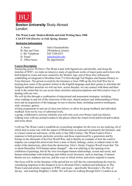 1 the Waste Land: Modern British and Irish Writing Since 1900 CAS EN 310 (Elective A) Fall, Spring, Summer Instructor Informati