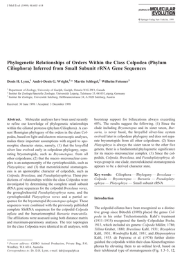 Phylogenetic Relationships of Orders Within the Class Colpodea (Phylum Ciliophora) Inferred from Small Subunit Rrna Gene Sequences