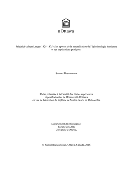 Friedrich-Albert Lange (1828-1875) : Les Apories De La Naturalisation De L'épistémologie Kantienne Et Ses Implications Pratiques