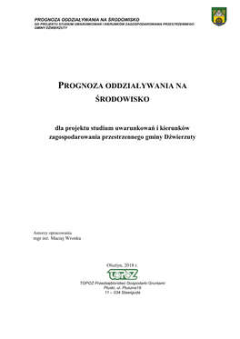 Prognoza Oddziaływania Na Środowisko Do Projektu Studium Uwarunkowań I Kierunków Zagospodarowania Przestrzennego Gminy Dźwierzuty