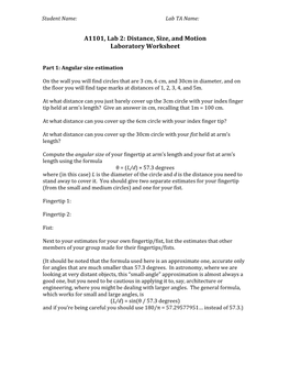 A1101, Lab 2: Distance, Size, and Motion Laboratory Worksheet