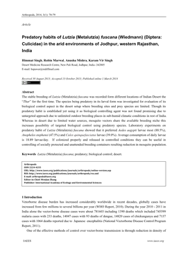 Predatory Habits of Lutzia (Metalutzia) Fuscana (Wiedmann) (Diptera: Culicidae) in the Arid Environments of Jodhpur, Western Rajasthan, India