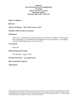 AGENDA ELLETTSVILLE PLAN COMMISSION Town Hall 1150 W