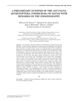 A Preliminary Synopsis of the Ant Fauna (Hymenoptera: Formicidae) of Qatar with Remarks on the Zoogeography