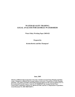 Water Quality Trading: Legal Analysis for Georgia Watersheds