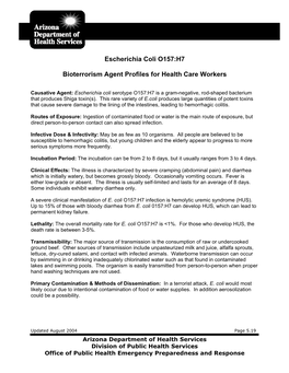 Escherichia Coli O157:H7 Bioterrorism Agent Profiles For