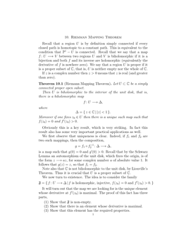 10. Riemman Mapping Theorem Recall That a Region U Is by Deﬁnition Simply Connected If Every Closed Path Is Homotopic to a Constant Path