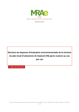 Décision De Dispense D'évaluation Environnementale De La Révision Du Plan Local D’Urbanisme De Septeuil (78) Après Examen Au Cas Par Cas