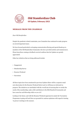 Old Stamfordian Club OS Update, February 2021