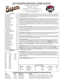 2019 BOWIE BAYSOX GAME NOTES Saturday, May 4, 2019 - 6:05 P.M