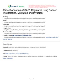 Phosphorylation of CAP1 Regulates Lung Cancer Proliferation, Migration and Invasion