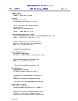 Parliamentary Documentation Vol. XXXVII (16-30 June, 2011) No.12