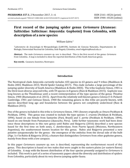 First Record of the Jumping Spider Genus Ceriomura (Araneae: Salticidae: Salticinae: Amycoida: Gophoini) from Colombia, with Description of a New Species