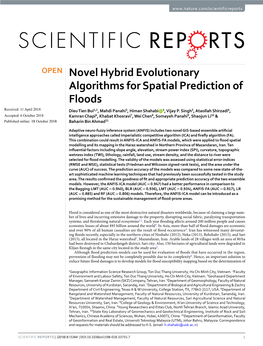 Novel Hybrid Evolutionary Algorithms for Spatial Prediction of Floods Received: 11 April 2018 Dieu Tien Bui1,2, Mahdi Panahi3, Himan Shahabi 4, Vijay P