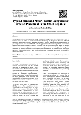 Types, Forms and Major Product Categories of Product Placement in the Czech Republic