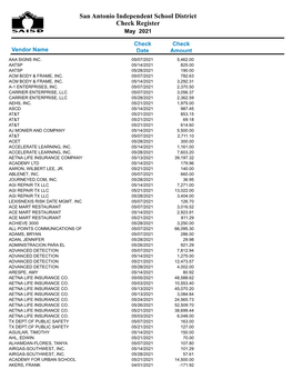 San Antonio Independent School District Check Register May 2021