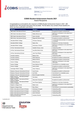 COBIS Student Achievement Awards 2021 Award Recipients