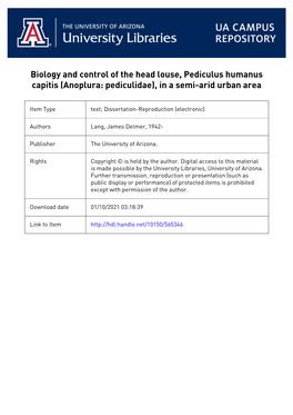 Biology and Control of the Head Louse, Pediculus Humanus Capitis (Anoplura: Pediculidae), in a Semi-Arid Urban Area