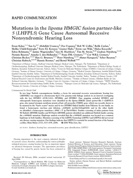 Mutations in the Lipoma HMGIC Fusion Partner-Like 5 (LHFPL5) Gene Cause Autosomal Recessive Nonsyndromic Hearing Loss