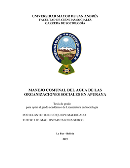 Manejo Comunal Del Agua De Las Organizaciones Sociales En Apuraya