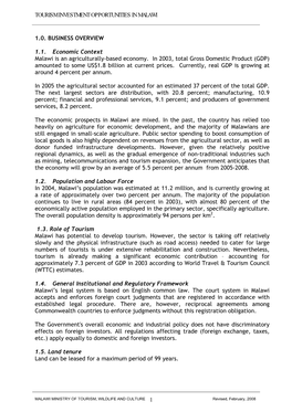 TOURISM INVESTMENT OPPORTUNITIES in MALAWI 1 1.0. BUSINESS OVERVIEW 1.1. Economic Context Malawi Is an Agriculturally-Based