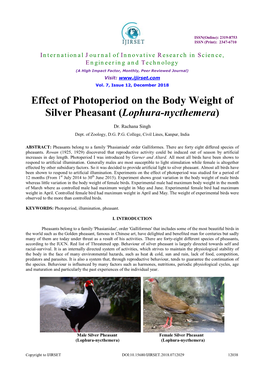 Effect of Photoperiod on the Body Weight of Silver Pheasant (Lophura-Nycthemera)