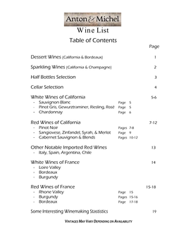 Wine List Table of Contents Page