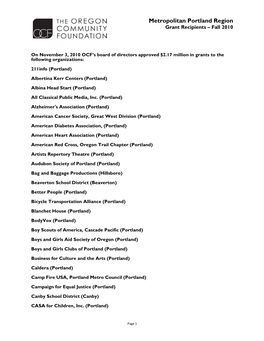 Metropolitan Portland Region Grant Recipients – Fall 2010