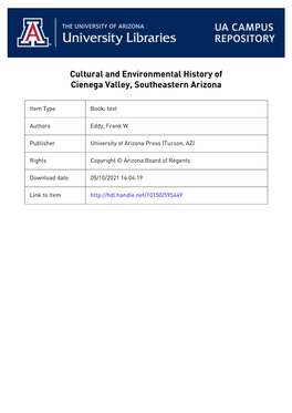 Cultural and Environmental History of Cienega Valley, Southeastern Arizona