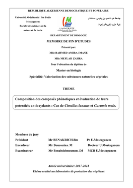 Composition Des Composés Phénoliques Et Évaluation De Leurs Potentiels Antioxydants : Cas De Citrullus Lanatus Et Cucumis Melo