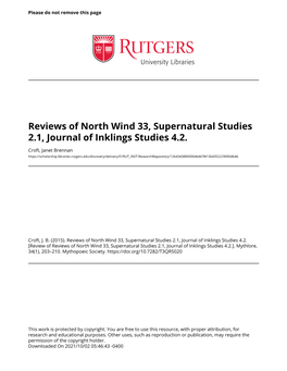 Reviews of North Wind 33, Supernatural Studies 2.1, Journal of Inklings Studies 4.2