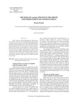 THE ROLE of Aegilops SPECIES in the ORIGIN and IMPROVEMENT of COMMON WHEAT