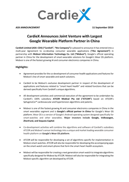 Cardiex Announces Joint Venture with Largest Google Wearable Platform Partner in China